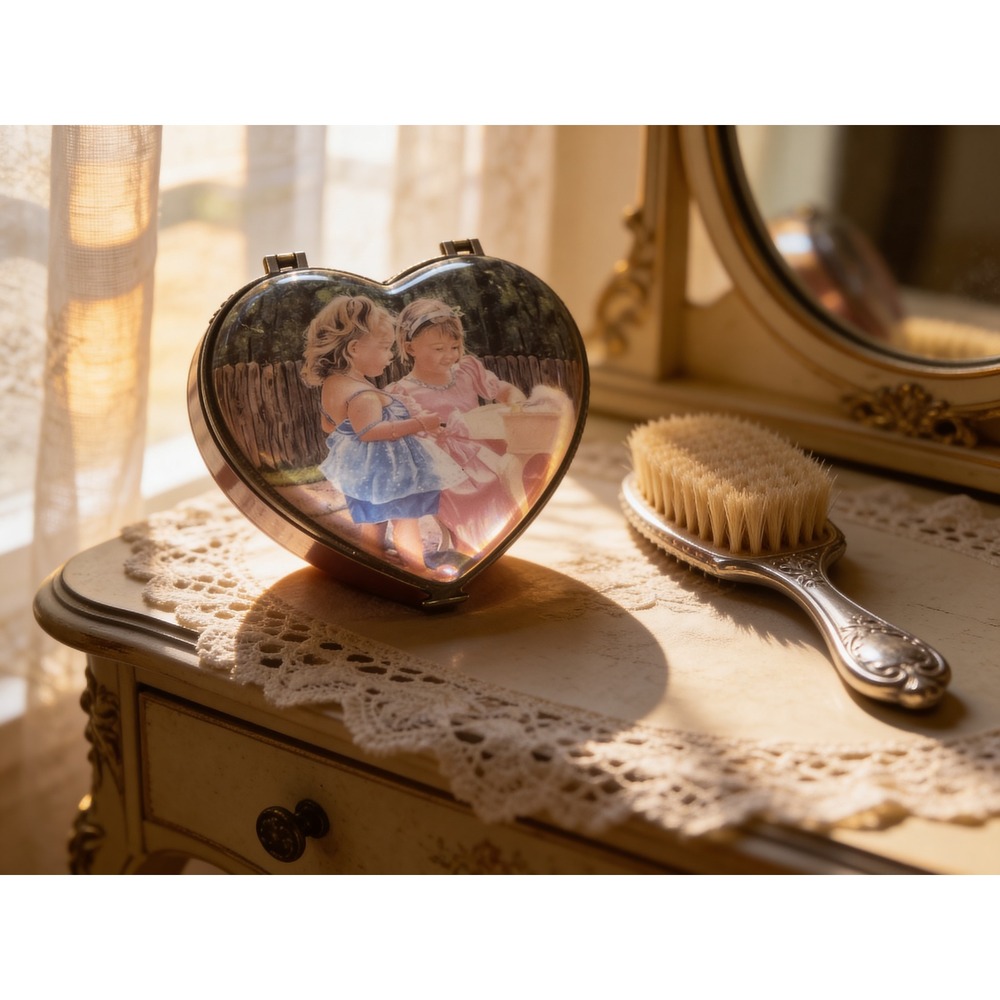 Vintage Style Heart Shaped Trinket Box Girls Illustration Silver Tone‎ Metal Rim